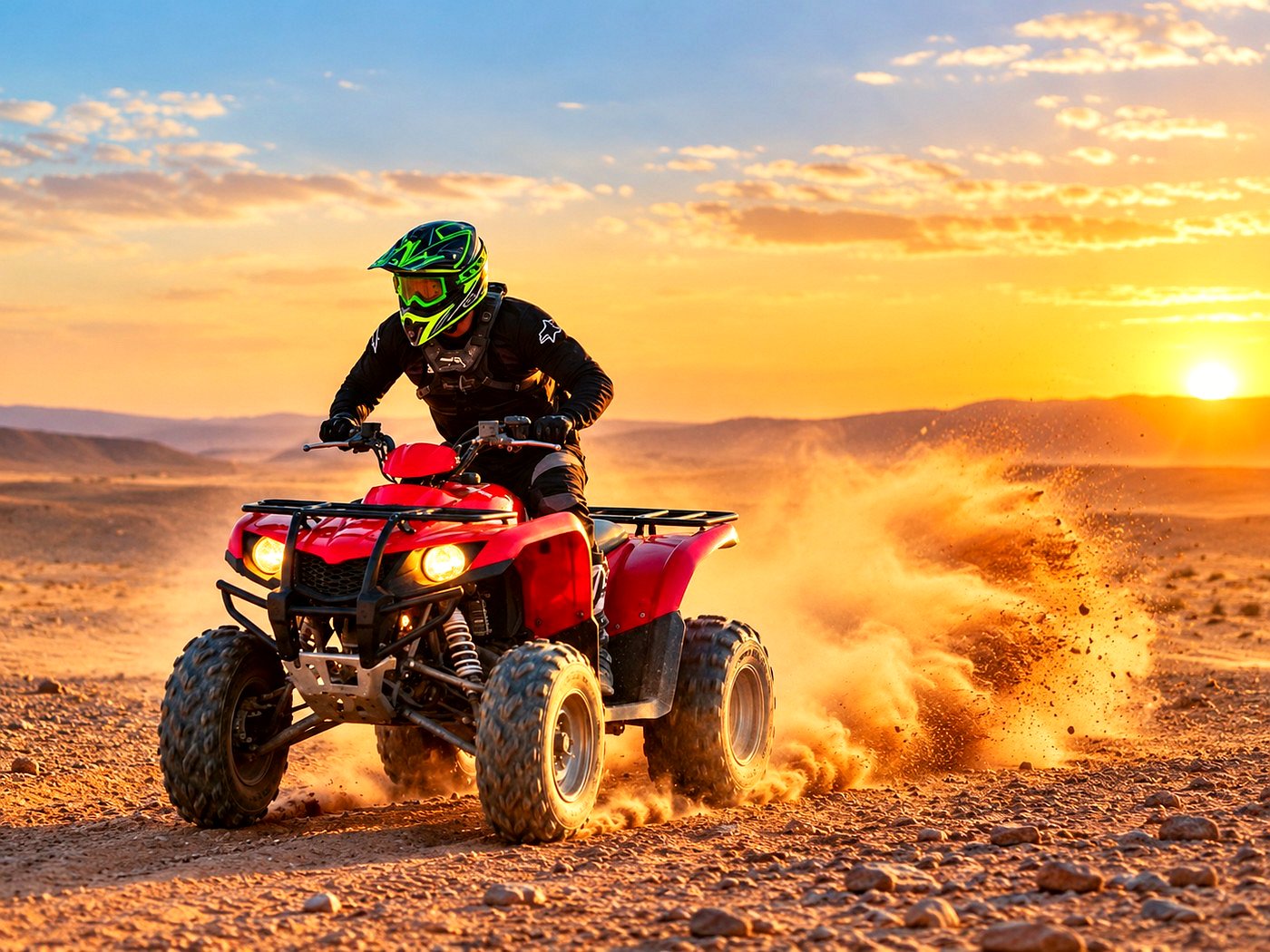 Quad entre el polvo al atardecer en Agafay