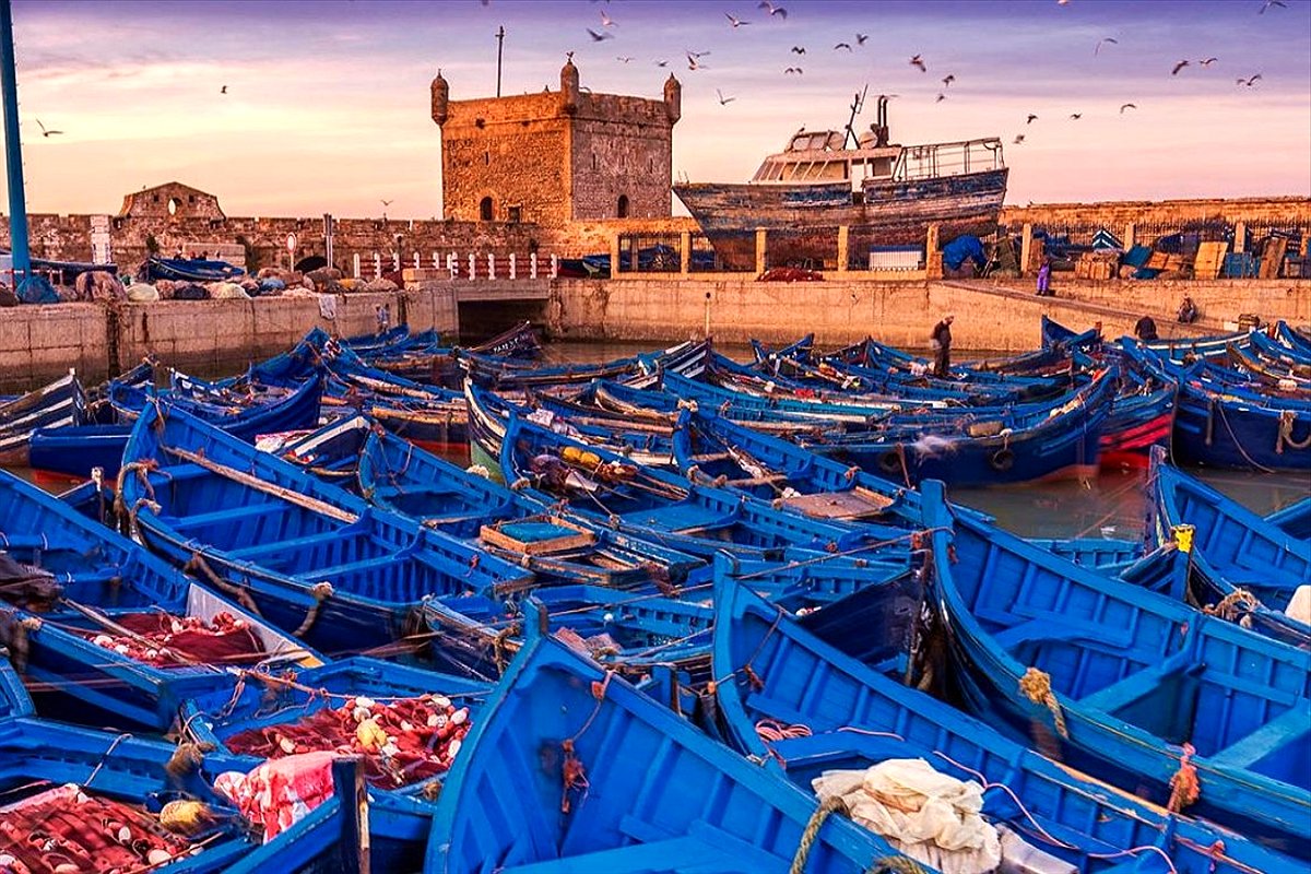 Barche da pesca blu nel porto di Essaouira