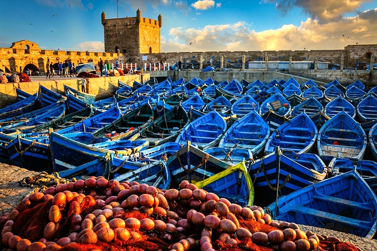 Blauwe boten en netten onder de Skala van Essaouira