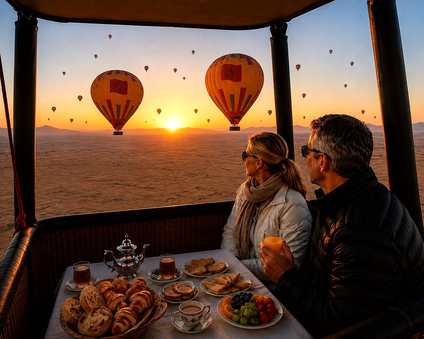 Couple having breakfast in a balloon basket at sunrise