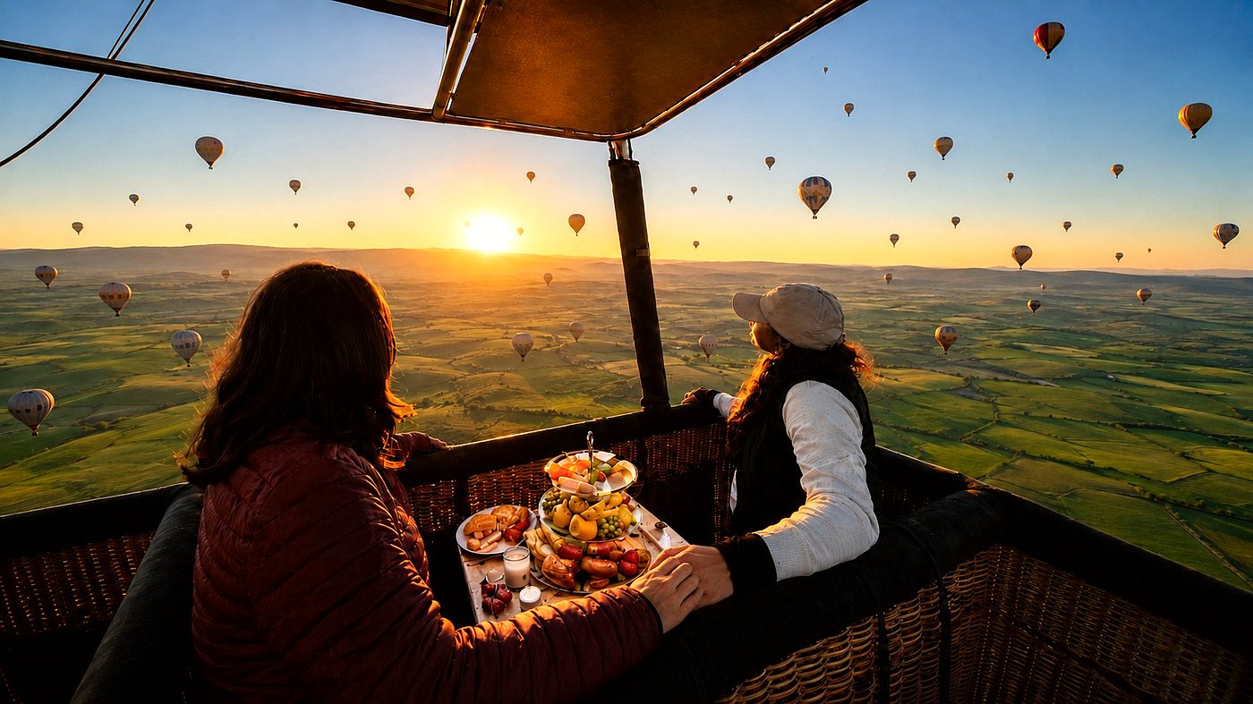 Hot air balloon basket with breakfast and balloons over Marrakech at sunrise