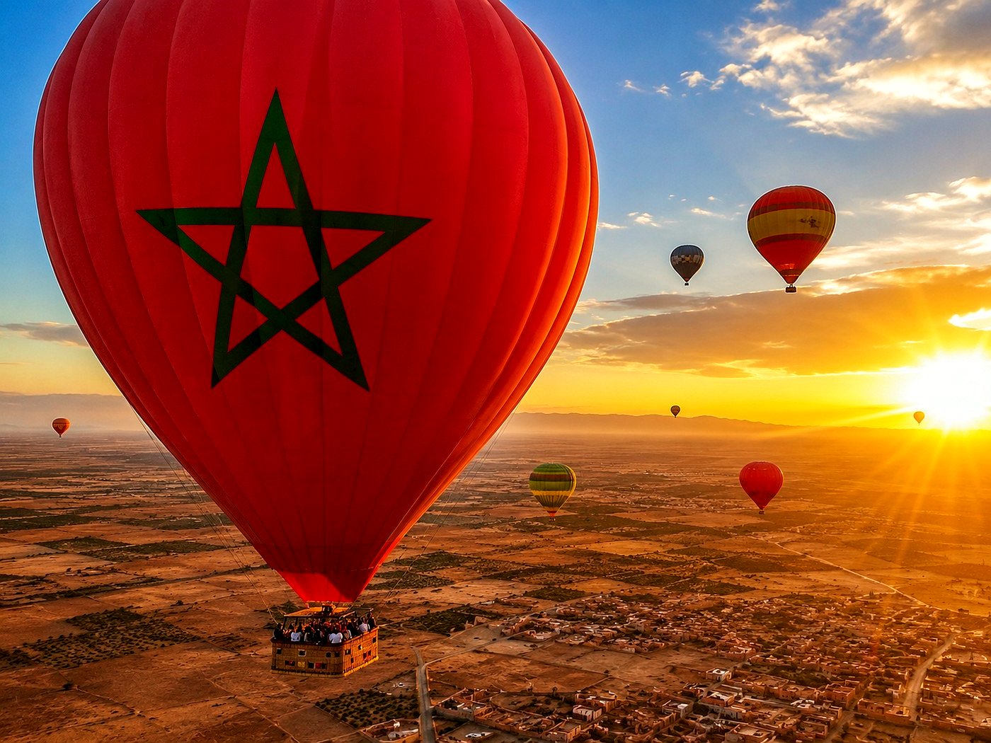 Heißluftballon mit marokkanischem Stern bei Sonnenaufgang bei Marrakesch