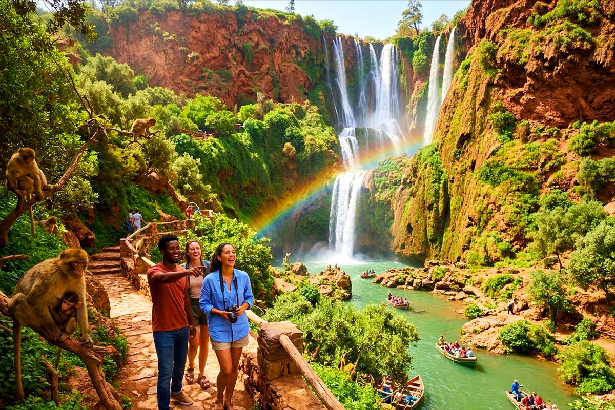 Reisende am Weg neben den Ouzoud-Fällen mit Regenbogen