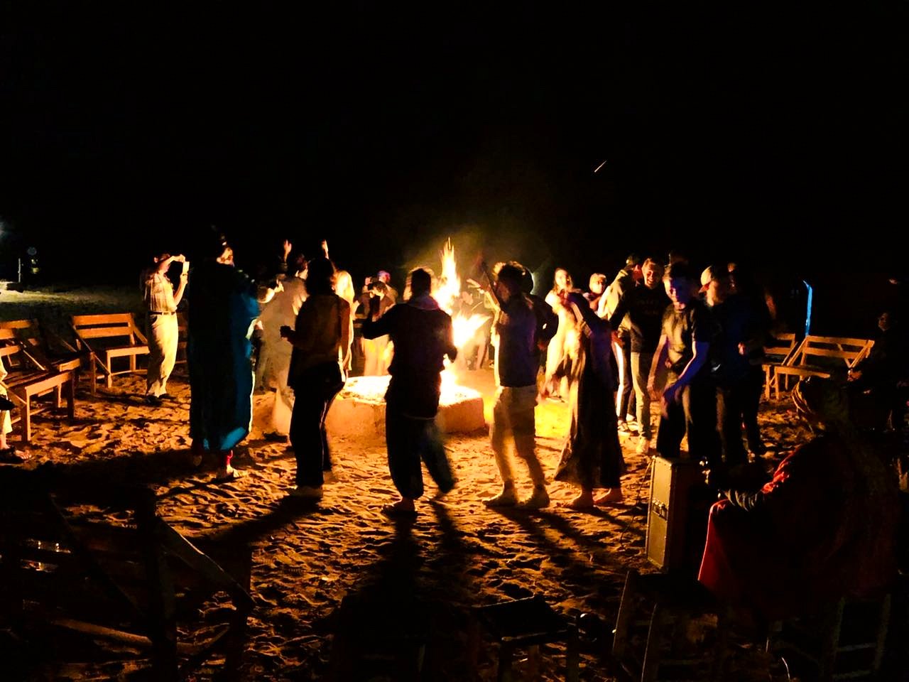 Campfire and music at a desert camp near Zagora